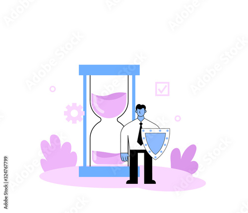 Business standing in front of the hourglass. Time management concept. Cartoon flat vector illustration. Isolated on white background.