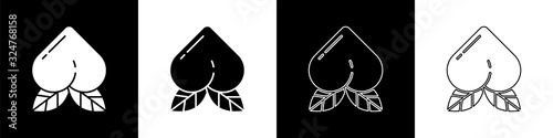 Set Peach fruit or nectarine with leaf icon isolated on black and white background. Vector Illustration