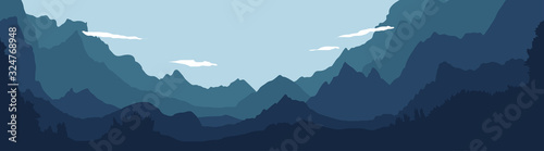 Vector illustration of beautiful dark blue mountain landscape with fog and forest. sunrise and sunset in mountains.