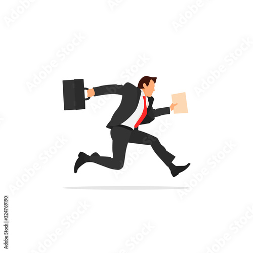 Running businessman in suit holding briefcase or suitcase and a paper. Man sprinting to office. Employee late for work. Move fast business concept or idea - Simple flat vector illustration.