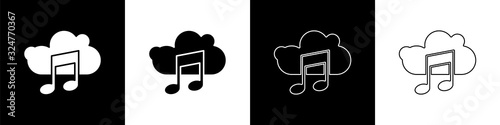 Set Music streaming service icon isolated on black and white background. Sound cloud computing, online media streaming, song, audio wave. Vector Illustration