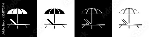 Set Sunbed icon isolated on black and white background. Beach umbrella and Sun lounger. Vector Illustration