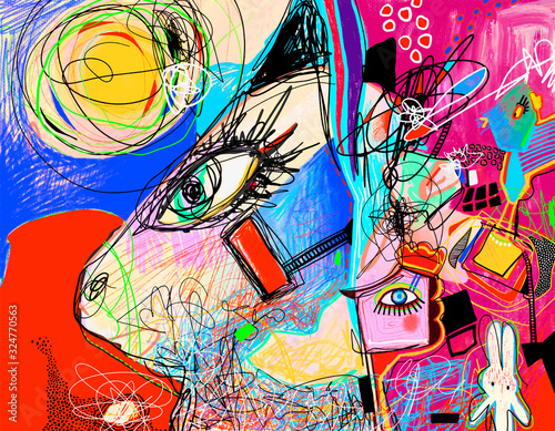 original digital contemporary artwork with abstract cat and rabbit,