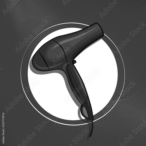 Card with a hairdryer. Stylish, modern pattern. Gray hair dryer on a gray background. Dries and style hair. Appliances. Isolated. Vector drawing.