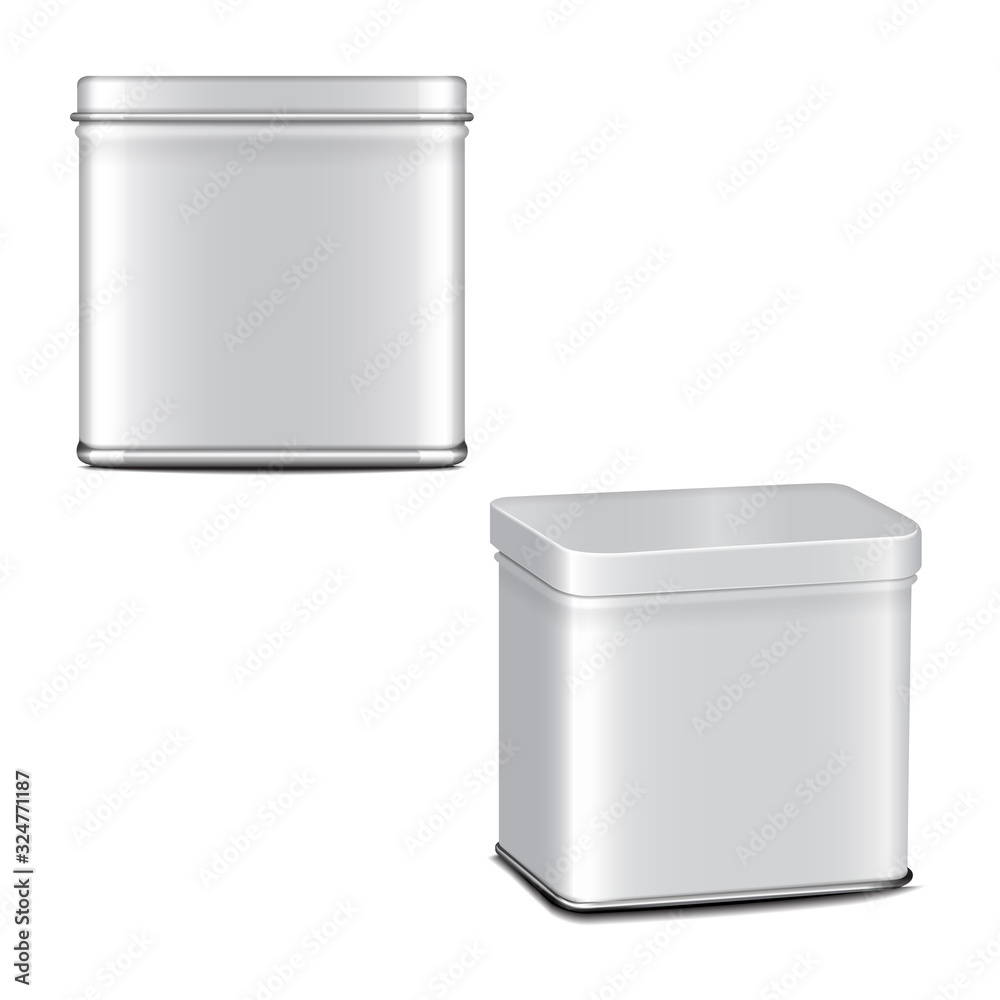 Vector rectangular white gloss tin can. Container for coffee, tea, sugar, sweet, spice. Realistic illustration packaging set Vector rectangular white gloss tin can. Container for coffee, tea, sugar, sweet, spice. Realistic illustration packaging set