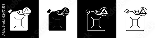 Set Eco fuel canister icon isolated on black and white background. Eco bio and barrel. Green environment and recycle. Vector Illustration