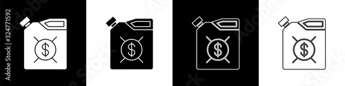 Set Canister for motor machine oil icon isolated on black and white background. Oil gallon. Oil change service and repair. Engine oil sign. Vector Illustration