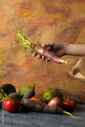 Shopping Bag, Organic Vegetable, Black Carrot, Artichokes, Tomatoes, Onions, Eggplant