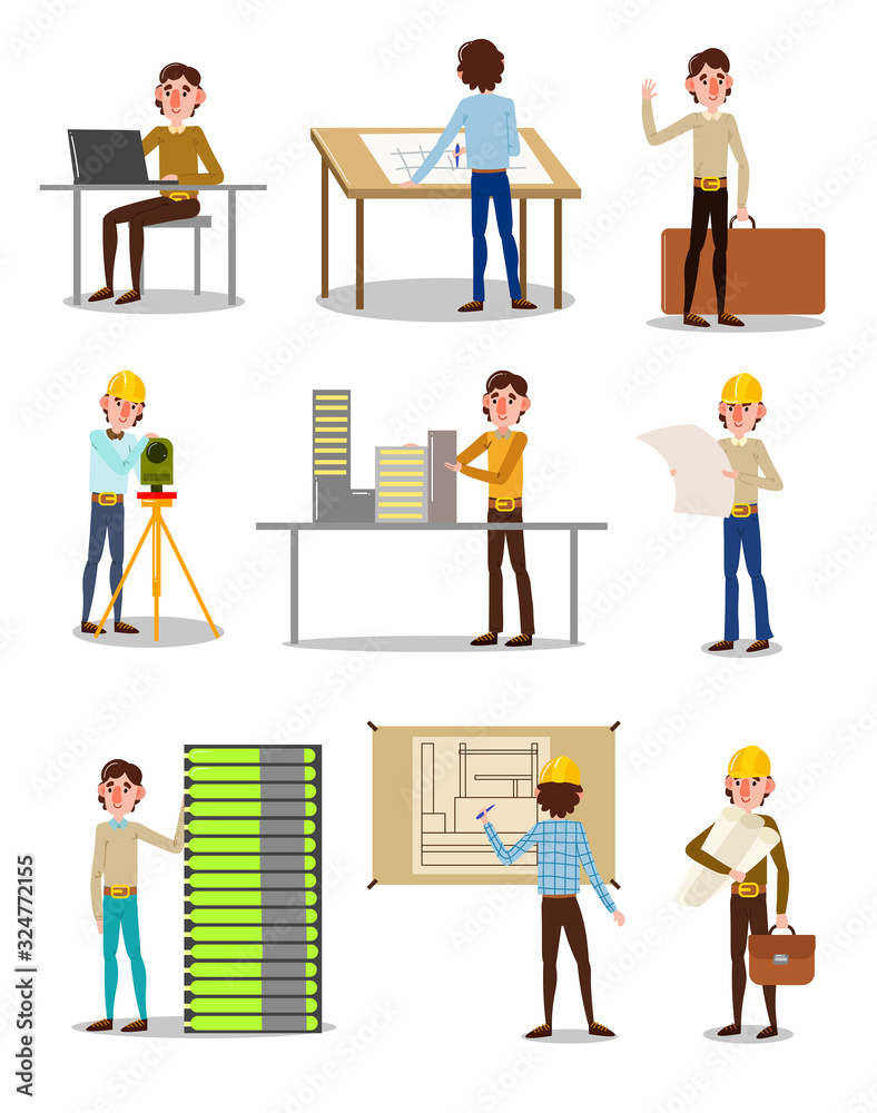 Set of men engineers during work vector illustration
