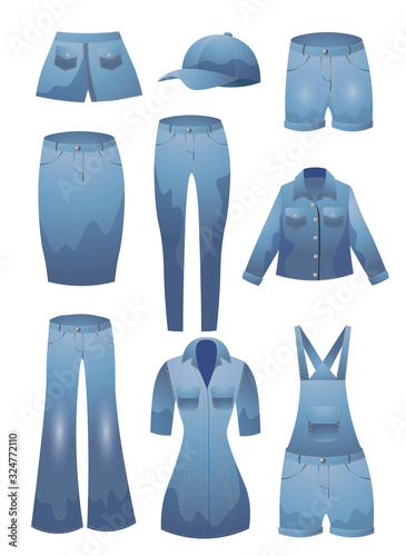 Set of various jeans clothes. Vector illustration in flat cartoon style.