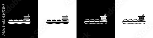 Set Oil tanker ship icon isolated on black and white background. Vector Illustration