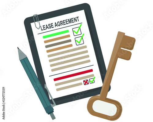 Lease agreement property home document paper, pen, key.