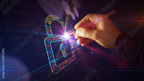 Cyber security with padlock symbol digital sketch