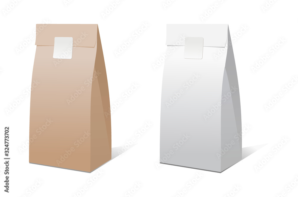 Craft paper bag packaging template isolated on white background. Brown