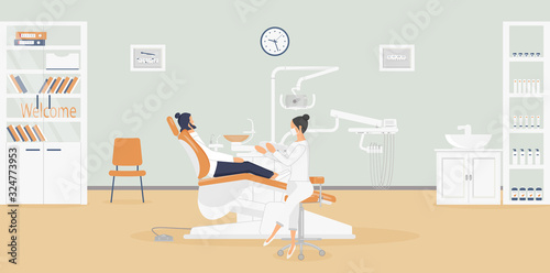 Interior of clinic: dentist's office with a stylish medical equipment for dental treatment.Surgeon is talking to patient sitting in a chair .Products for oral hygiene in closet.Vector illustration