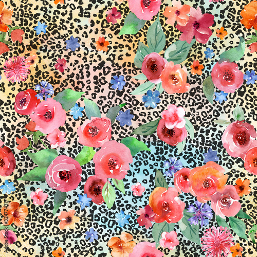 Roses and animal print, seamless pattern, floral and leopard background