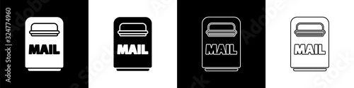 Set Mail box icon isolated on black and white background. Mailbox icon. Mail postbox on pole with flag. Vector Illustration