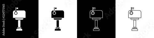 Set Mail box icon isolated on black and white background. Mailbox icon. Mail postbox on pole with flag. Vector Illustration