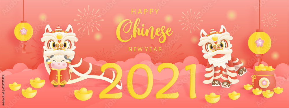 Happy Chinese New Year with year of ox. 2021 for card and banner. Vector illustration Happy Chinese New Year with year of ox. 2021 for card and banner. Vector illustration