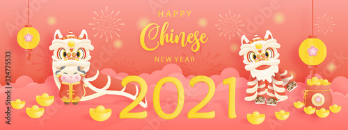Happy Chinese New Year with year of ox. 2021 for card and banner. Vector illustration