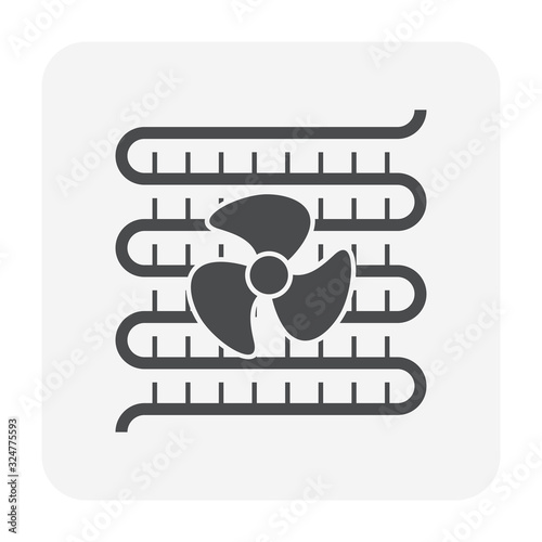 Condenser coil vector icon consist of copper or aluminium tubes, fins, fan for holds refrigerant, gas, pressure in air compressor for ductless split system, heating ventilation, air conditioning, hvac
