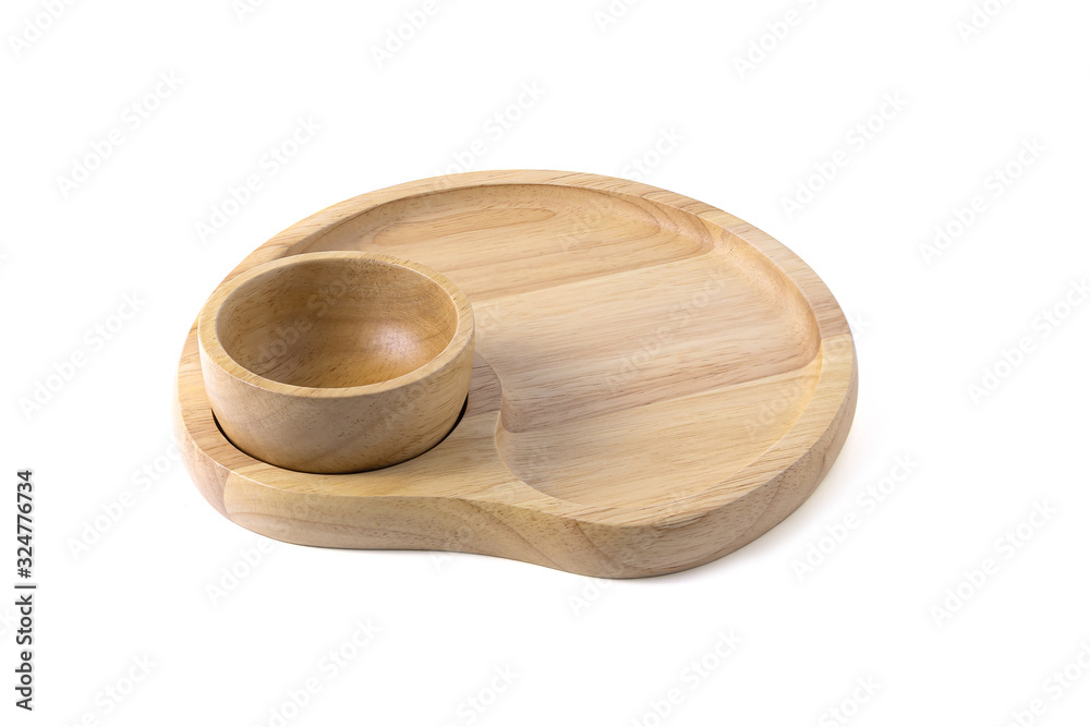 Wooden plate set, wooden cup on white background.