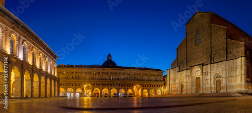 Bologna - The Basilica di San Petronio and Palazzo del Podesta on the Piazza Maggiore square in morning dusk.