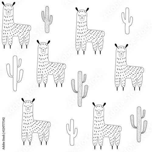Outline llamas and cacti seamless pattern. Scandinavian style simple cute hand-drawn succulents and alpacas. Scrapbooking paper. Stock vector isolated illustration on a transparent background.