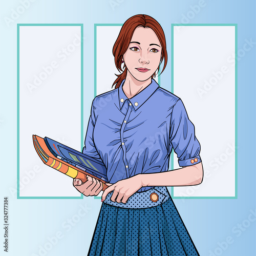 Business women  with file folder at office Illustration vector On pop art comics style Abstract boards colorful background