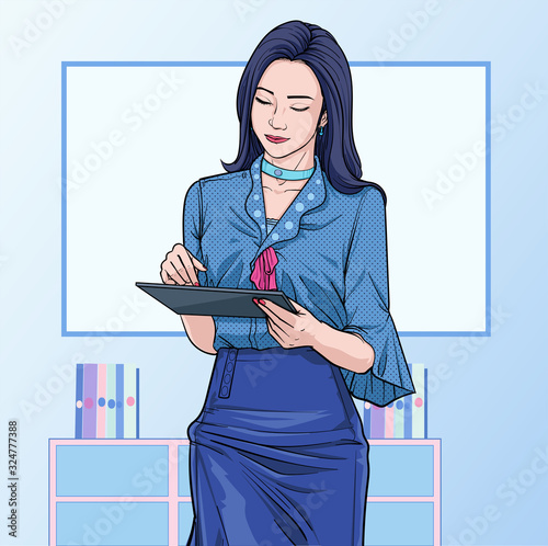 Business women  with file folder at office Illustration vector On pop art comics style Abstract boards colorful background