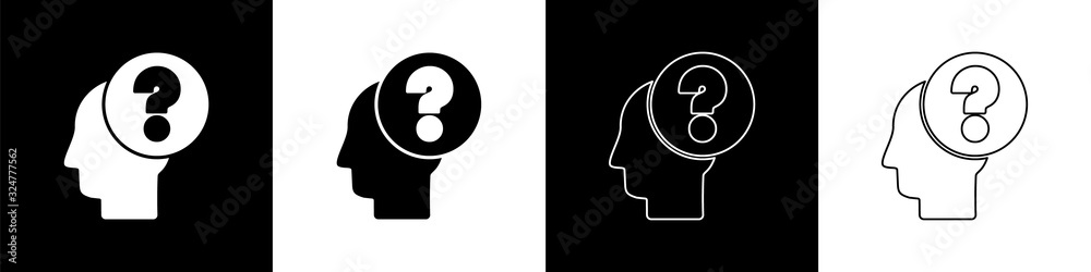 Set Human head with question mark icon isolated on black and white ...