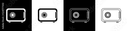 Set Safe icon isolated on black and white background. The door safe a bank vault with a combination lock. Reliable Data Protection. Vector Illustration