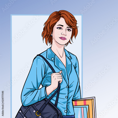 Business women  with file folder at office Illustration vector On pop art comics style Abstract boards colorful background