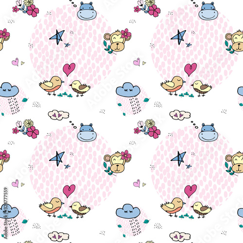 Abstract hand-drawn seamless pattern with birds, cloud and hippo.