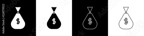 Set Money bag icon isolated on black and white background. Dollar or USD symbol. Cash Banking currency sign. Vector Illustration