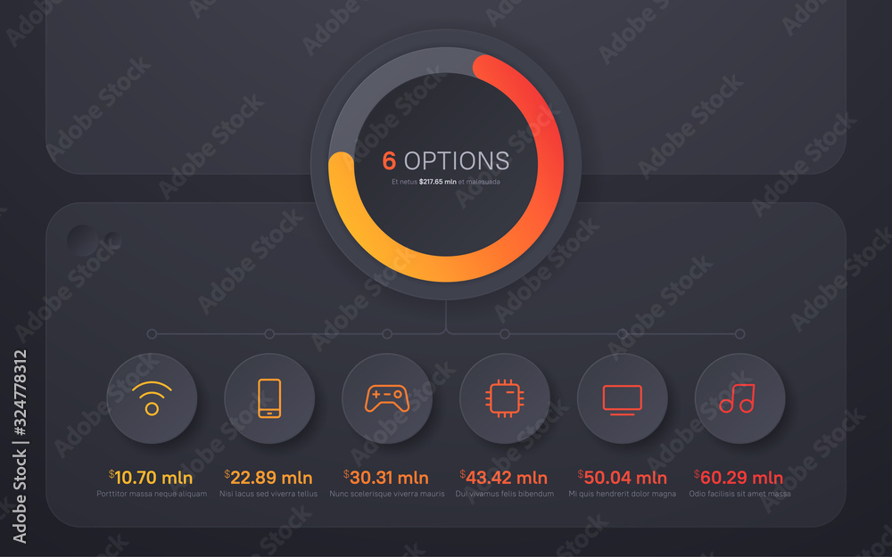 Dark hued presentation infographic structure chart design. Six options Dark hued presentation infographic structure chart design. Six options