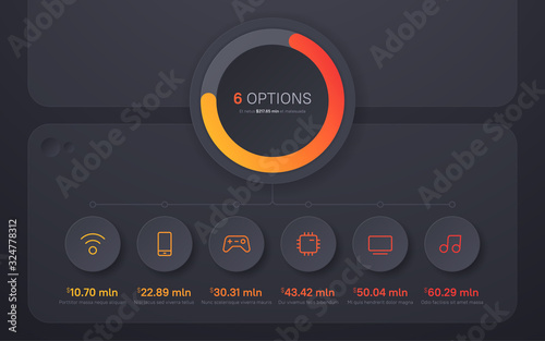 Dark hued presentation infographic structure chart design. Six options