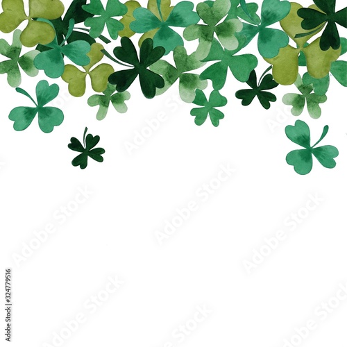 Clover leaves watercolor pattern. Aquarelle trefoils and four leaf clovers. St Patrick day decorative background. Frame of clover for wrapping paper, textile design, template for cards, greetings.
