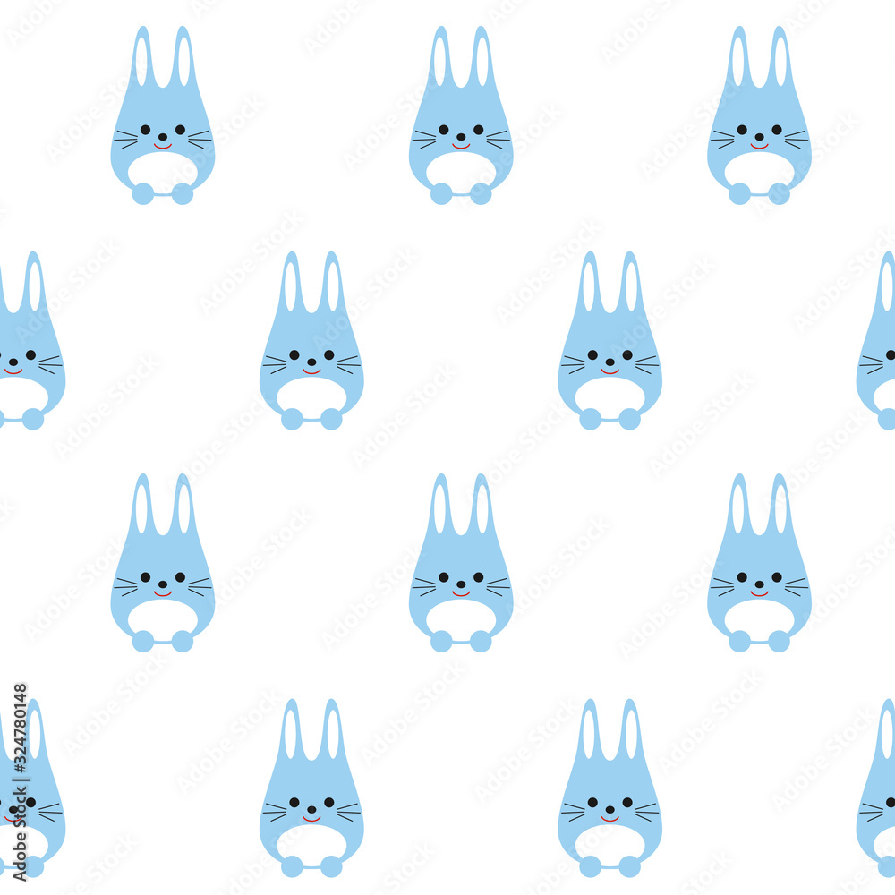 Seamless pattern of cute blue bunny. You can use for baby design, fabric for children, packaging, on textile, wrapping paper. Vector illustration in flat style on white background