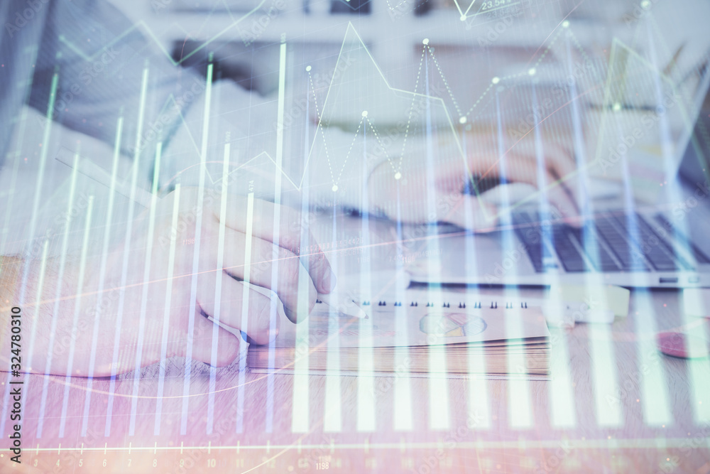 Multi exposure of financial graph with man works in office on background. Concept of analysis. Multi exposure of financial graph with man works in office on background. Concept of analysis.