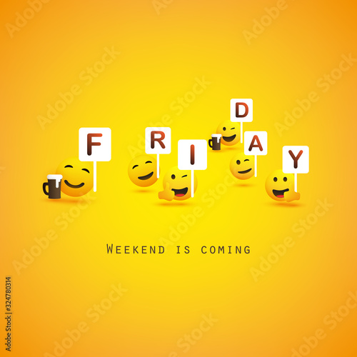 Friday! - Weekend's Coming Banner With Winking and Smiling Emoji, Emoticons
