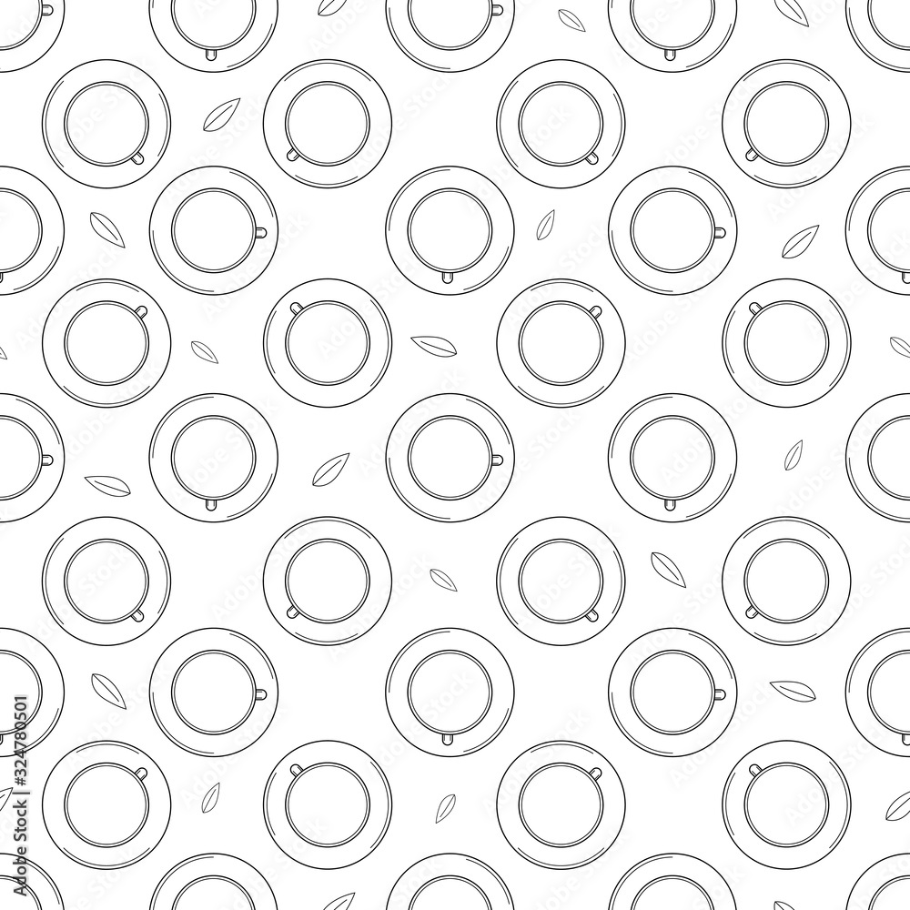 Seamless pattern cups with tea leaves. Linear isolated on a white background. Vector illustration.