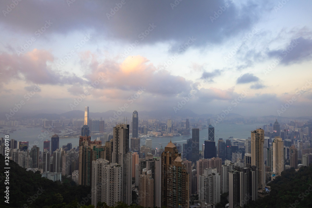 View of Hong Kong city and Victoria harbour from Victoria peak