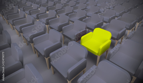 Concept or conceptual yellow armchair standing out in a conference room as a metaphor for leadership, vision and strategy. A 3d illustration of individuality, creativity and achievement
