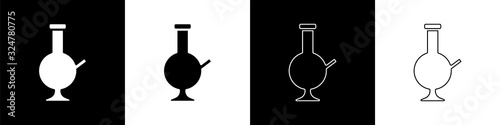 Set Glass bong for smoking marijuana or cannabis icon isolated on black and white background. Vector Illustration