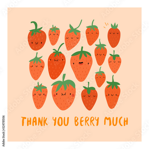 Thank You Berry Much - cute vector illustration with Smiley Cartoon Strawberries. Funny greeting card concept design.