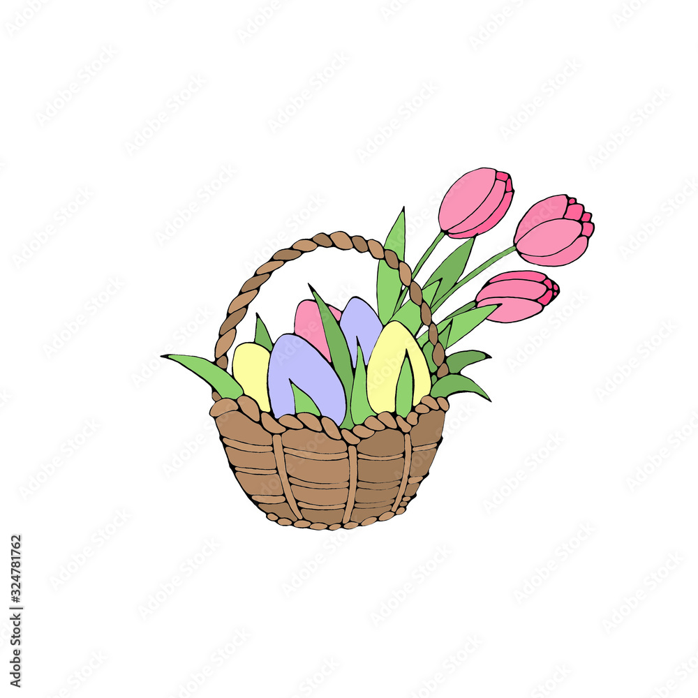 Obraz premium Happy Easter. Simple color Basket with eggs and Tulip flowers. Design element for spring, holiday, sticker, icons, greeting card