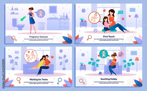 Family Relationships in Pregnancy, Pregnant Woman Hobby, Morning Sickness Trendy Flat Vector Banners Set. Mom Explaining Pregnancy to Child, Feeling Nausea, Knitting, Waiting for Twins Illustration