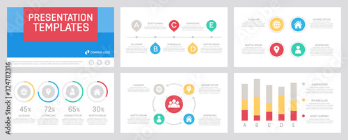 Set of gray and yellow, blue, turquoise elements for multipurpose presentation template slides with graphs and charts.