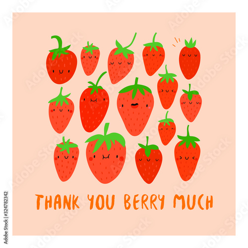 Thank You Berry Much - cute vector illustration with Smiley Cartoon Strawberries. Funny greeting card concept design.